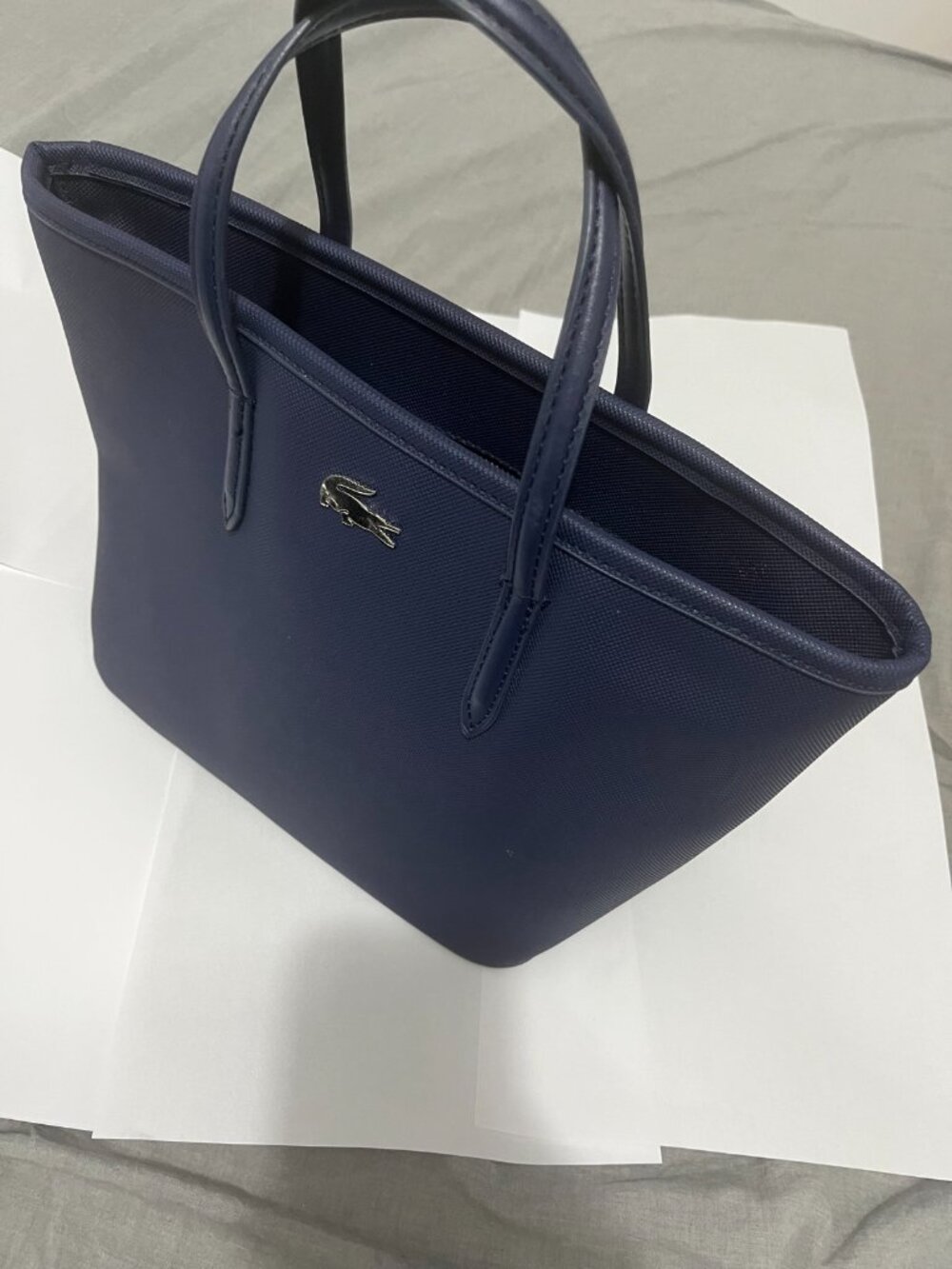 Lacoste Navy Blue Tote with Silver Crocodile Emblem